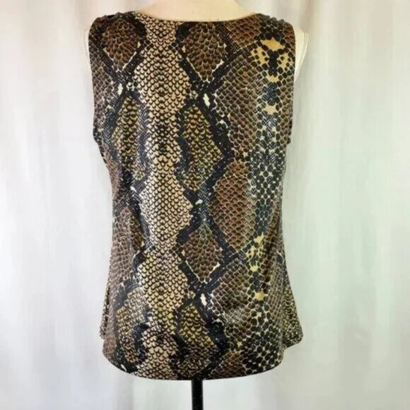 Ellen Tracy Snakeskin Print Top Drape Neck Sleeveless Black Brown Sheen Size L - Picture 3 of 8